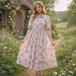 The Great. Purple and Cream Floral Pintuck Shirt Dress